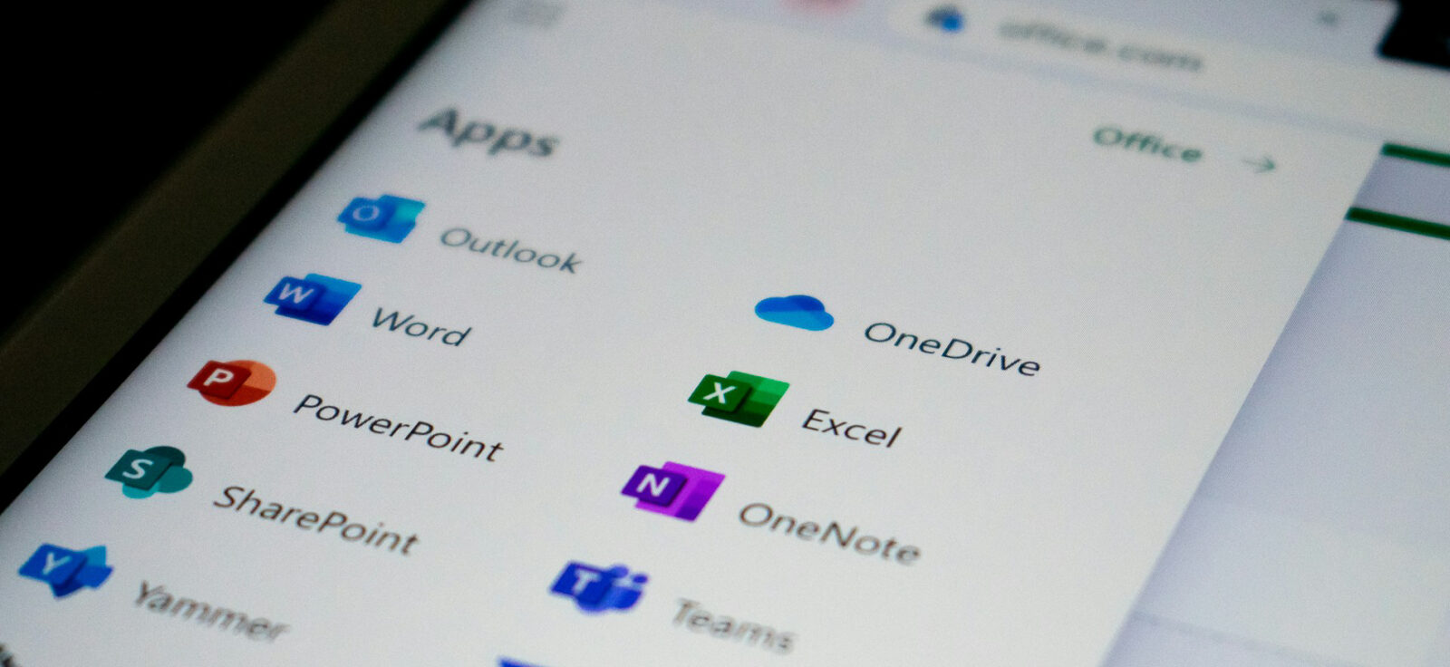 écran avec les applications office 365