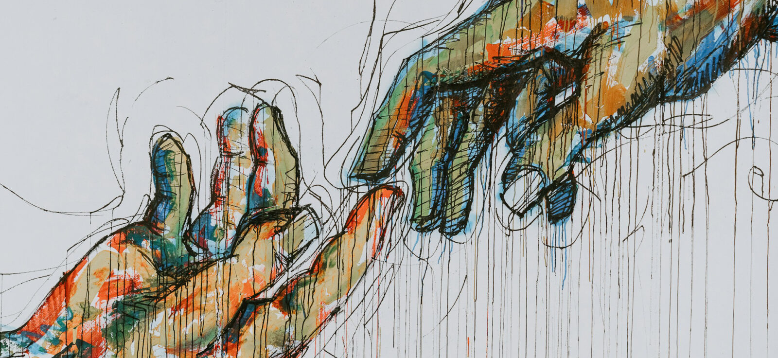 Deux mains dessinées se rejoignant au centre.