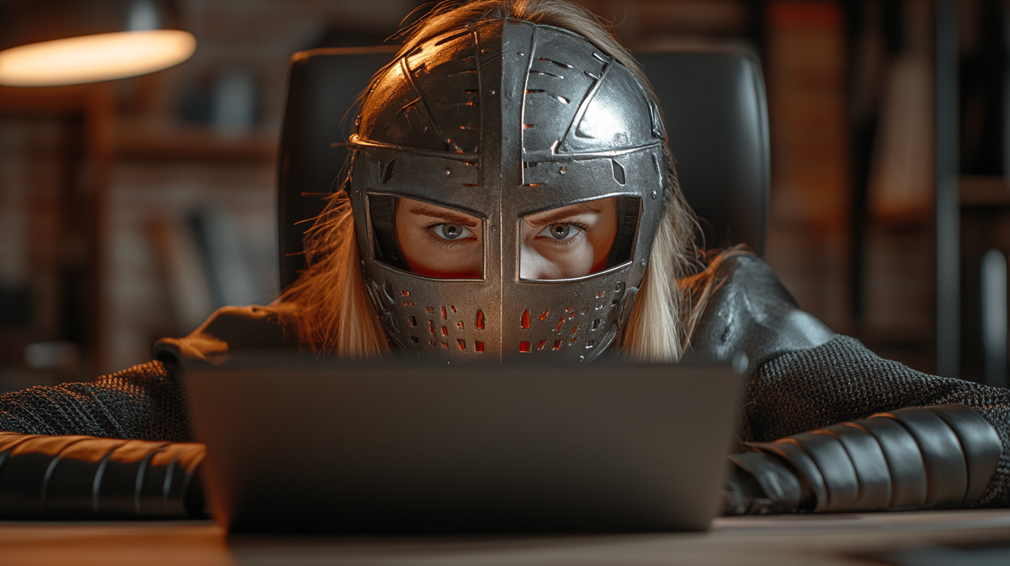 femme casquée en tenue de chevalier médiéval assise derrière un écran d'ordinateur