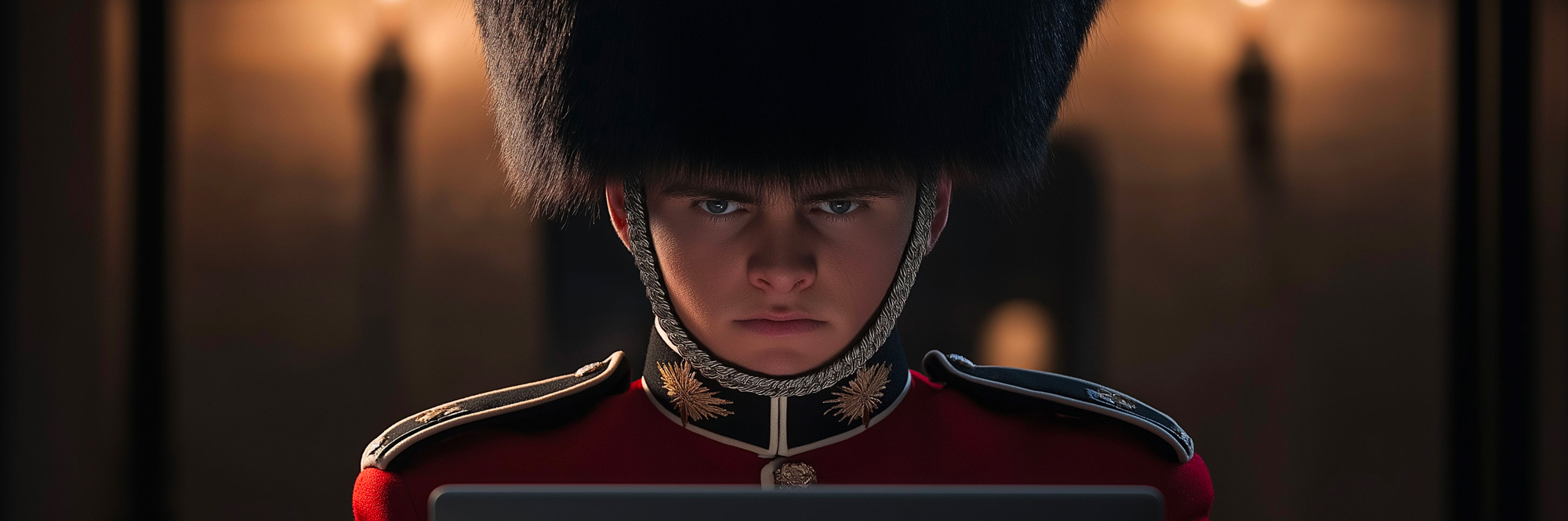 homme casqué portant un costume de chevalier derrière un écran d'ordinateur