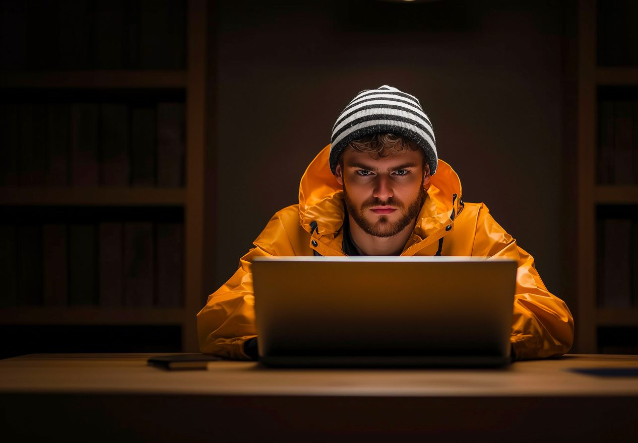 jeune homme en tenue de marin pêcheur assis derrière un écran d'ordinateur