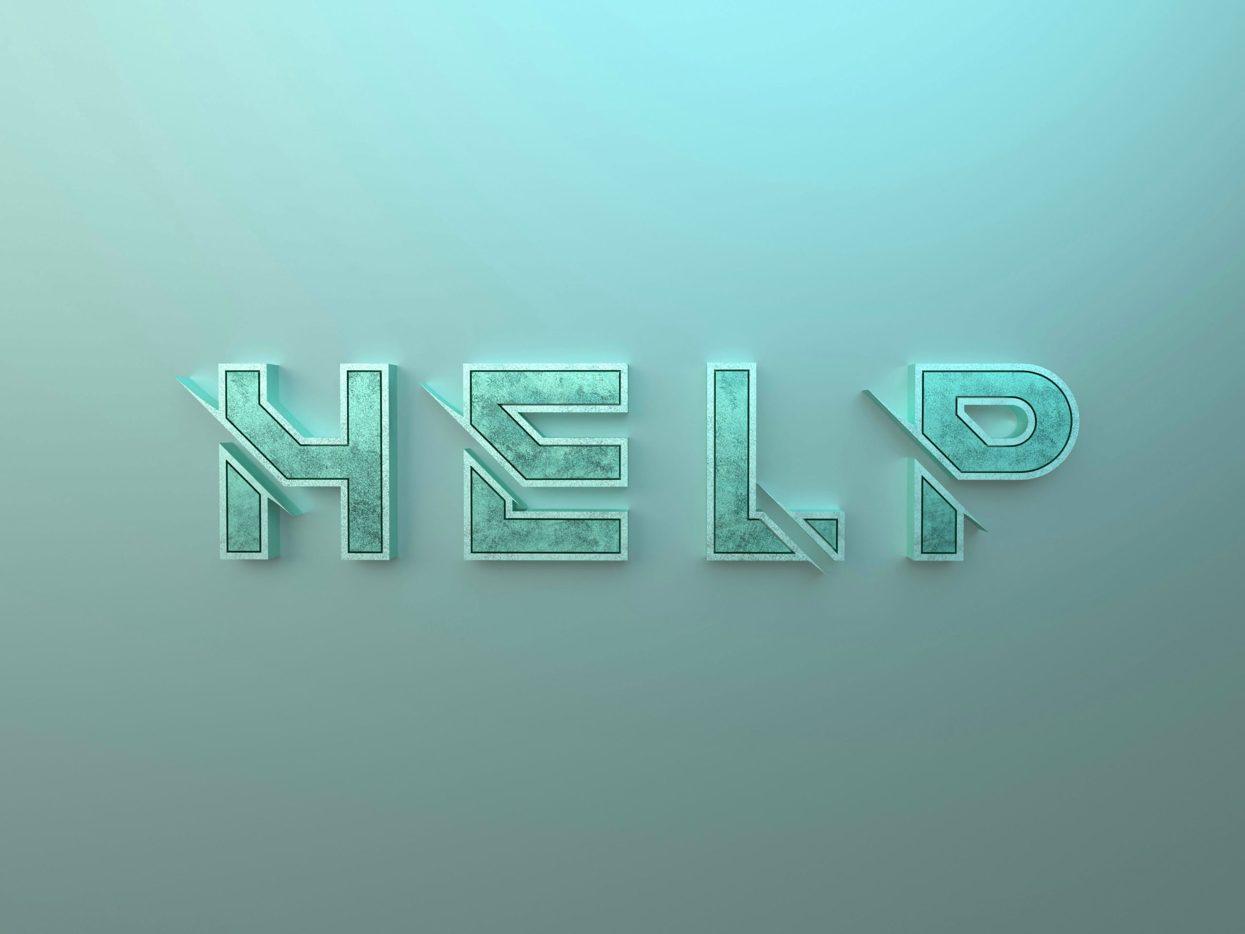 lettrages stylisés en vert formant le mot "help" écrit en majuscule