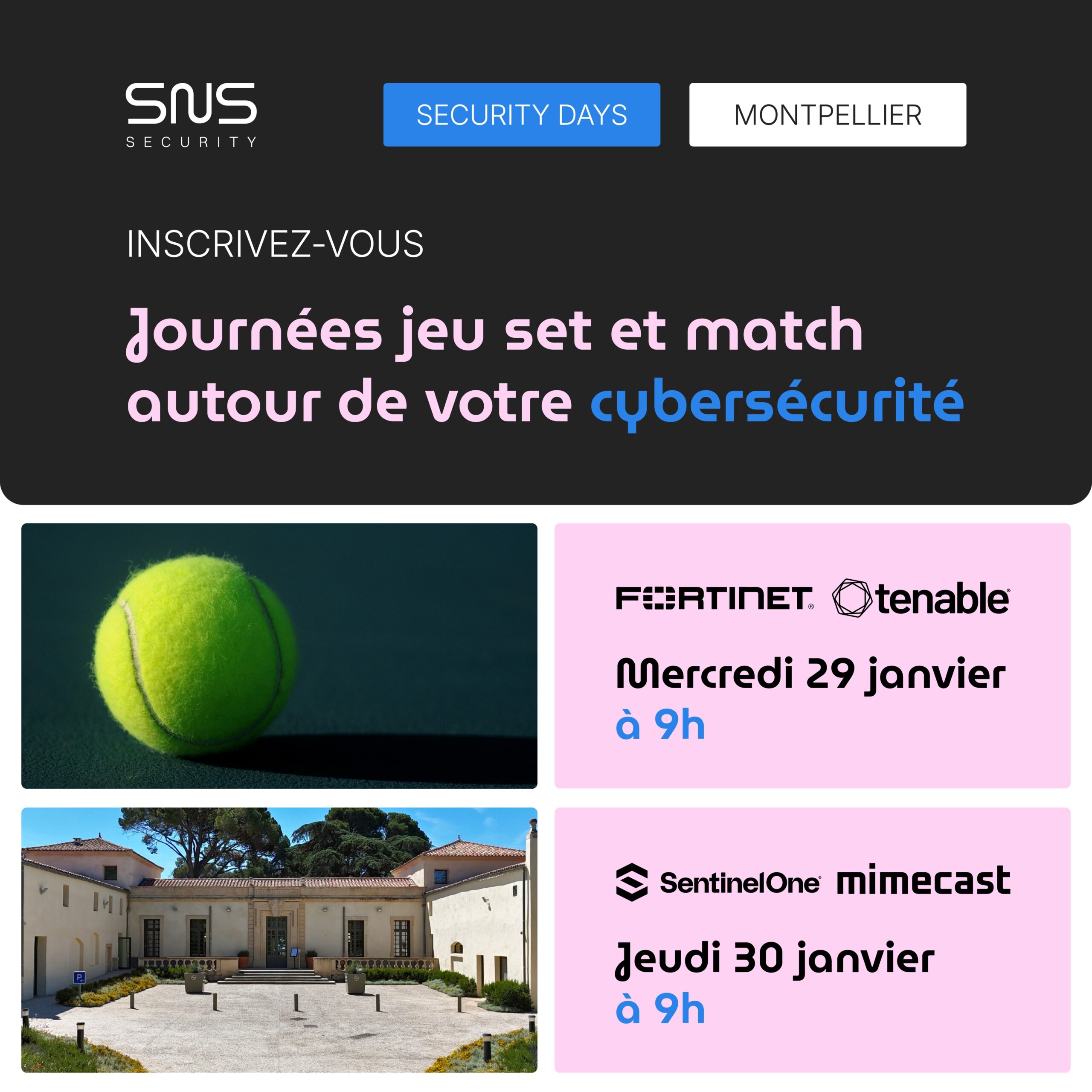 Visuel promotionnel pour notre événement avec une balle de tennis et le Domaine du Grand Puy