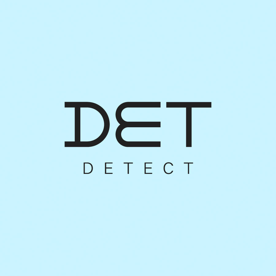 logo DETECT composé des lettres DET sur fond bleu pastel