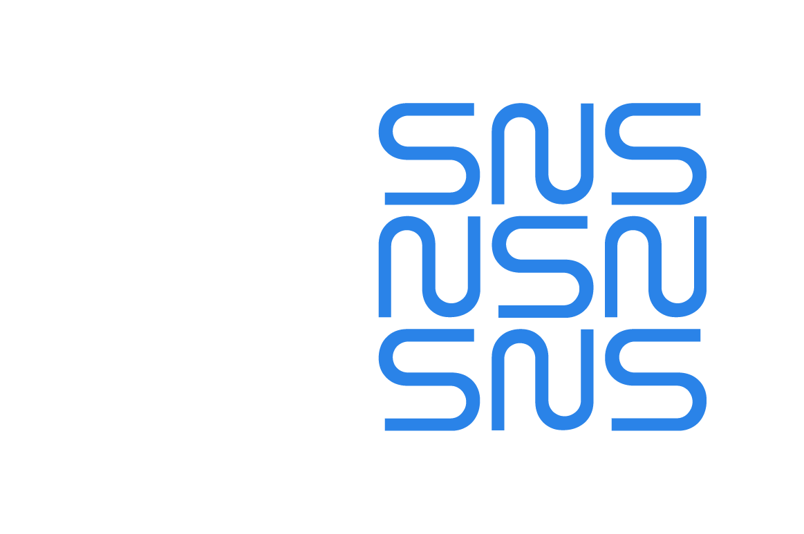 monogramme SNS Security bleu composé des lettres SNS sur trois rangées