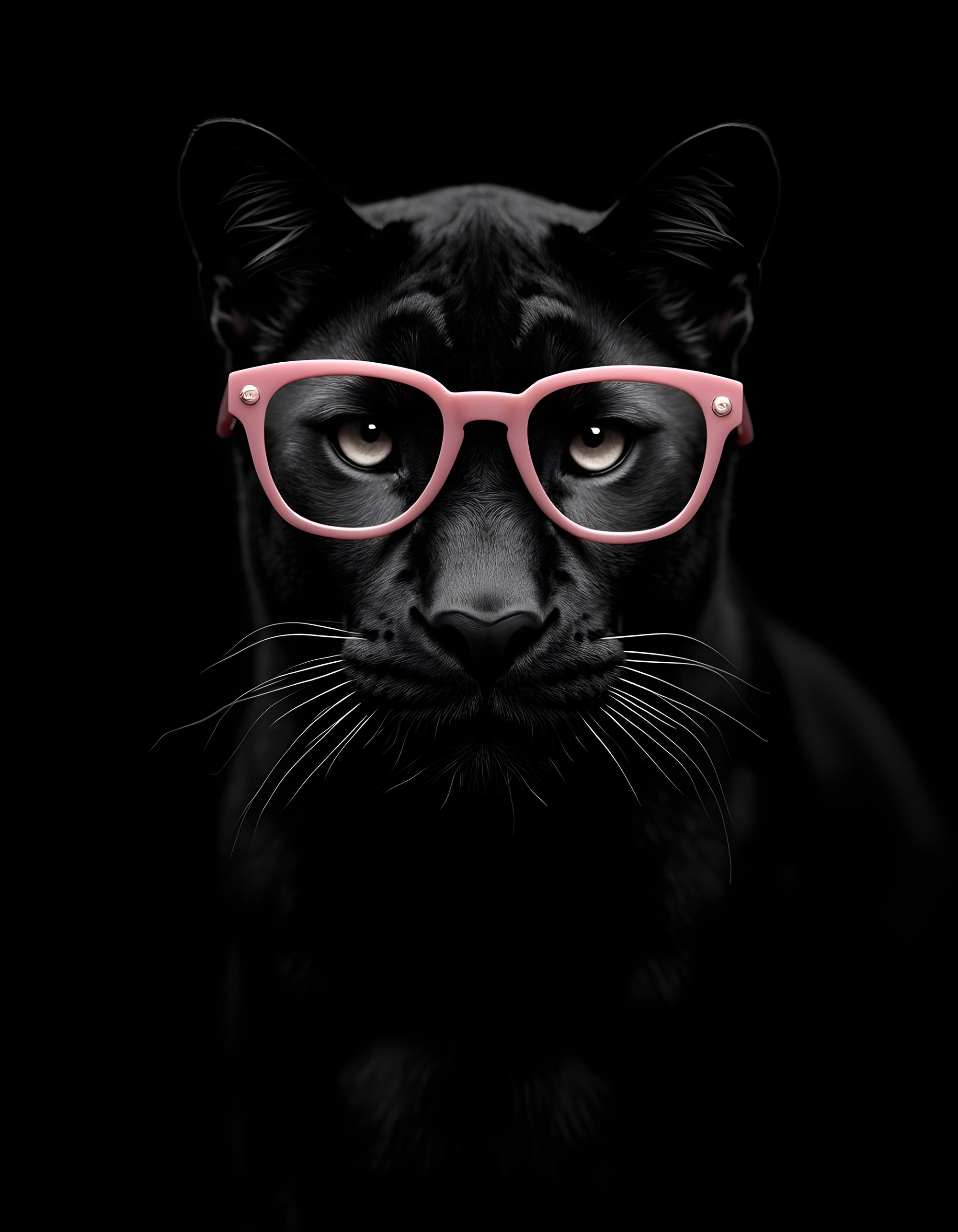 tête d'une panthère noire qui porte des lunettes roses